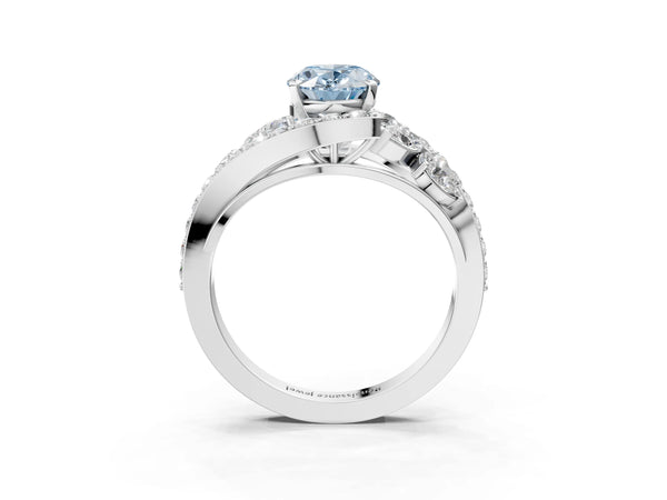 Platinum Fancy Blue Oval  Diamond Halo Ring with Marquise and Pavé Band in Prong Setting