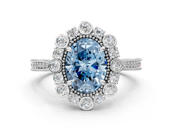 Platinum Fancy Blue Oval  Halo Milgrain Pave Diamond Ring with Four-Prong Setting