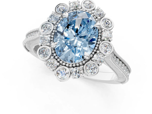Platinum Fancy Blue Oval  Halo Milgrain Pave Diamond Ring with Four-Prong Setting