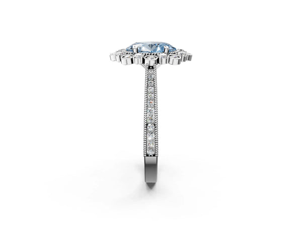 Platinum Fancy Blue Oval  Halo Milgrain Pave Diamond Ring with Four-Prong Setting