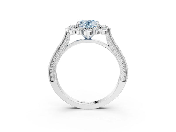 Platinum Fancy Blue Oval  Halo Milgrain Pave Diamond Ring with Four-Prong Setting