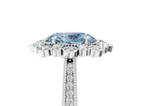 Platinum Fancy Blue Oval  Halo Milgrain Pave Diamond Ring with Four-Prong Setting
