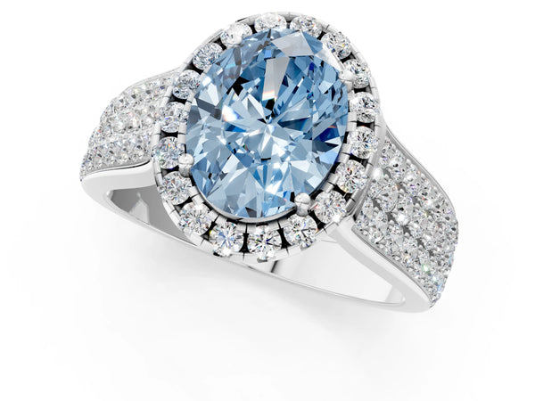 Platinum Fancy Blue Oval  Halo Round Diamond Pave Band with Prong Setting