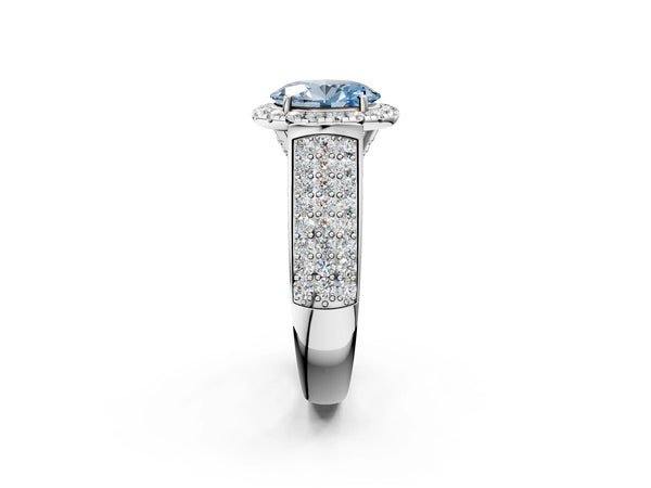 Platinum Fancy Blue Oval  Halo Round Diamond Pave Band with Prong Setting