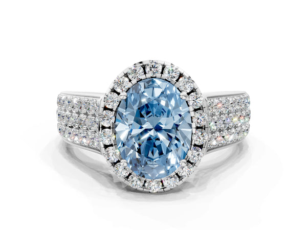 Platinum Fancy Blue Oval  Halo Round Diamond Pave Band with Prong Setting
