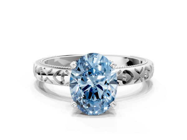 Platinum Oval Solitaire Engagement Ring Setting for Fancy Blue Center with XO Engraved Band