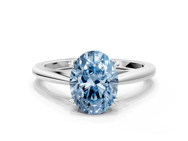 Platinum Fancy Blue Oval  Solitaire Engagement Ring with Four-Prong Setting and Classic Band