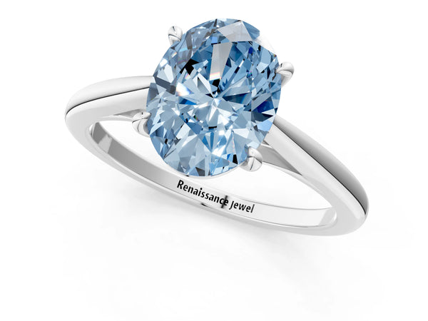 Platinum Fancy Blue Oval  Solitaire Engagement Ring with Four-Prong Setting and Classic Band