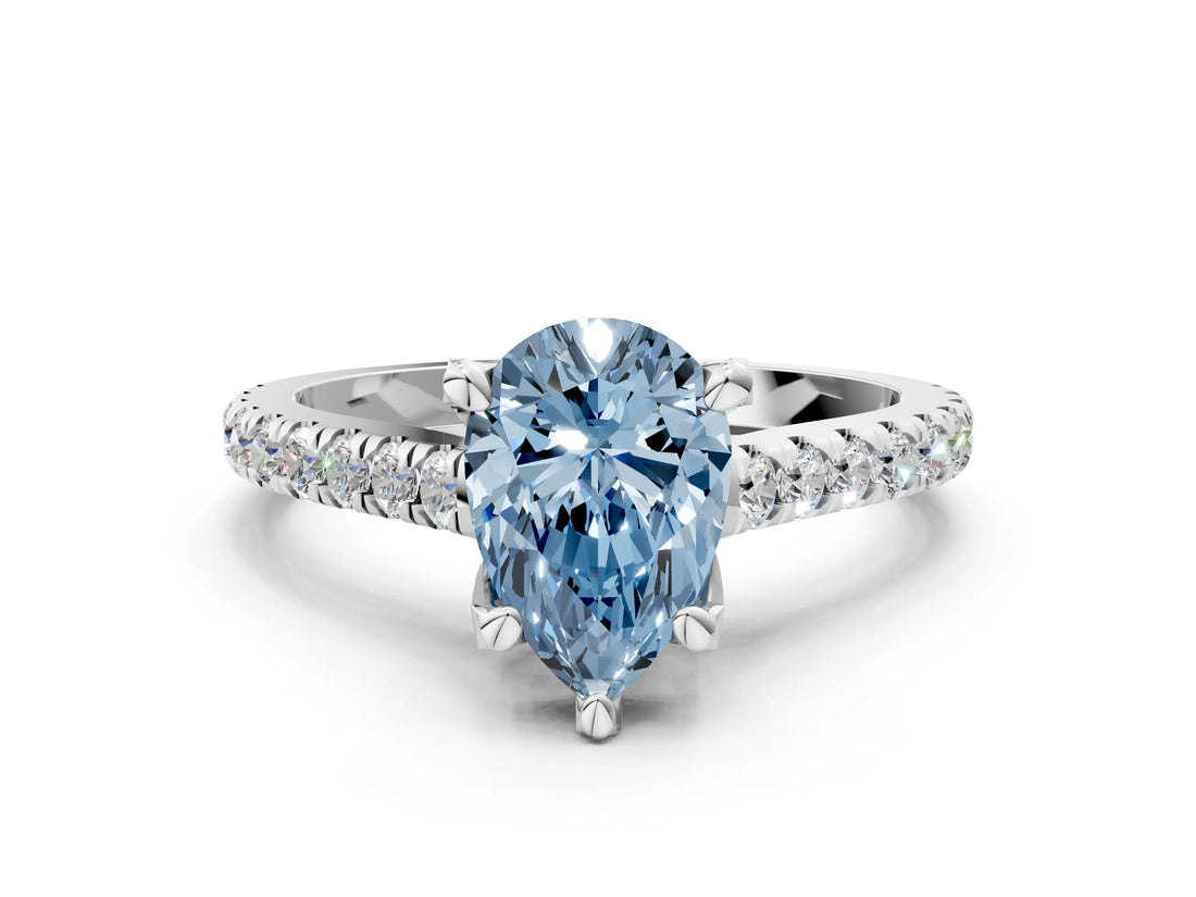 Platinum Fancy Blue Pear  Brilliant Diamond Solitaire with Pavé Band and Four-Prong Setting