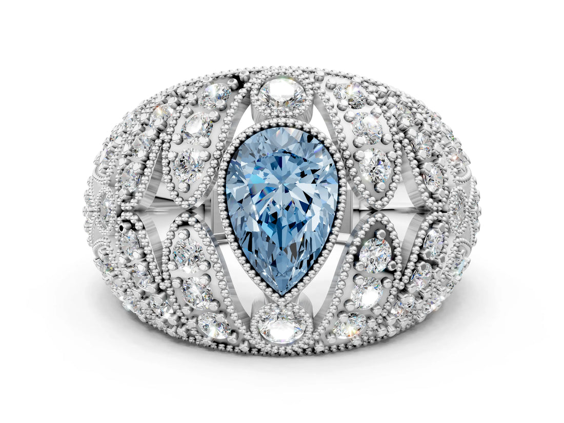 Platinum Fancy Blue Pear Cut Brilliant Halo Pave Diamond Milgrain Ring_6