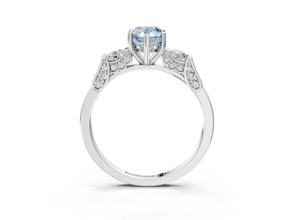 Platinum Fancy Blue Pear Cut Brilliant Three-Stone Pave Band with Four-Prong Setting