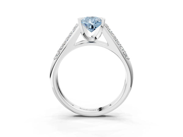 Platinum Fancy Blue Pear Cut Diamond Channel Set Pave Band with Tension Prong Setting