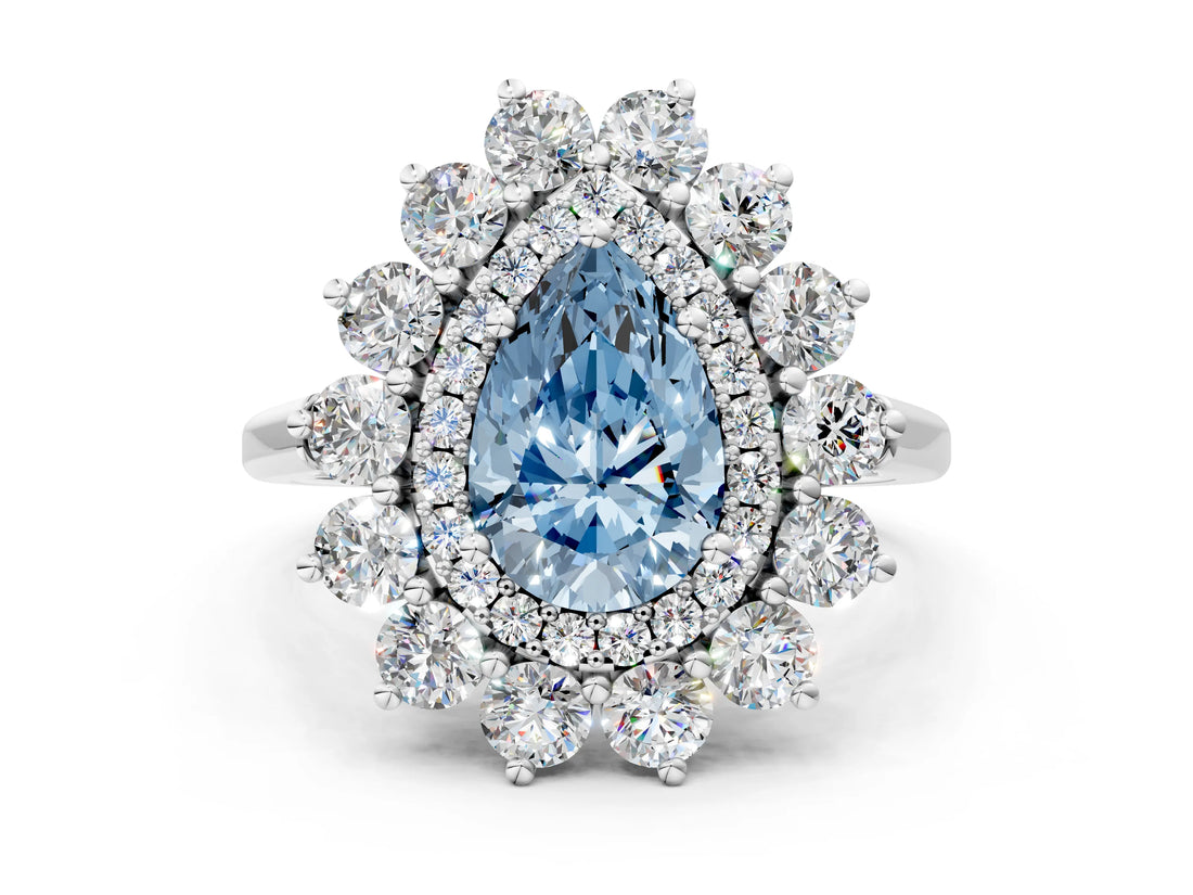 Platinum Fancy Blue Pear Cut Diamond Floral Double Halo Engagement Ring with Prong Setting_150