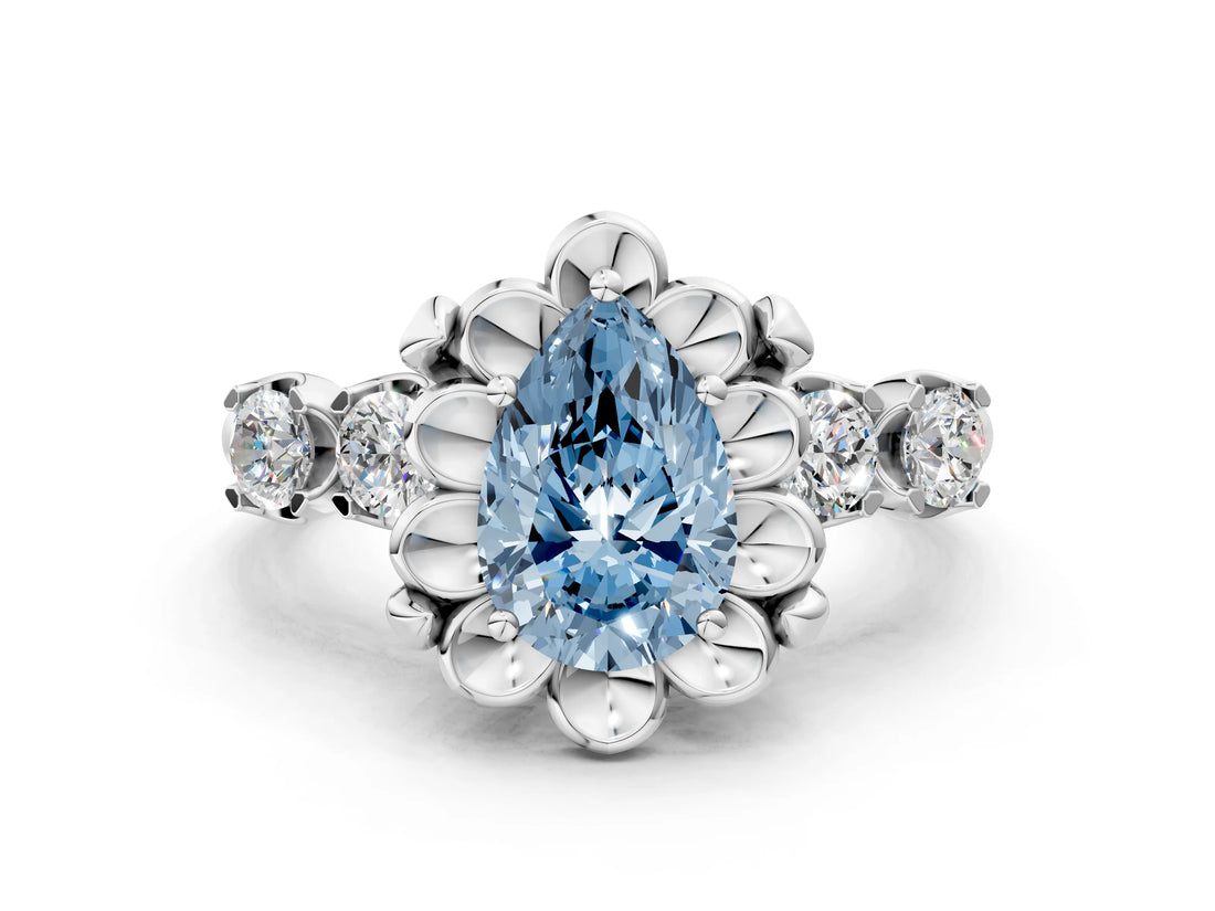 Platinum Fancy Blue Pear  Cut Diamond Floral Halo Engagement Ring with Shared Prong Setting