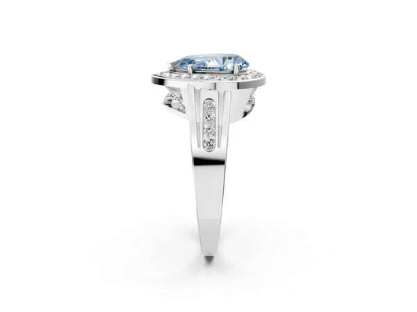 Platinum Fancy Blue Pear Cut Diamond Halo Ring with Split Shank and Bezel Accents and Prong Setting