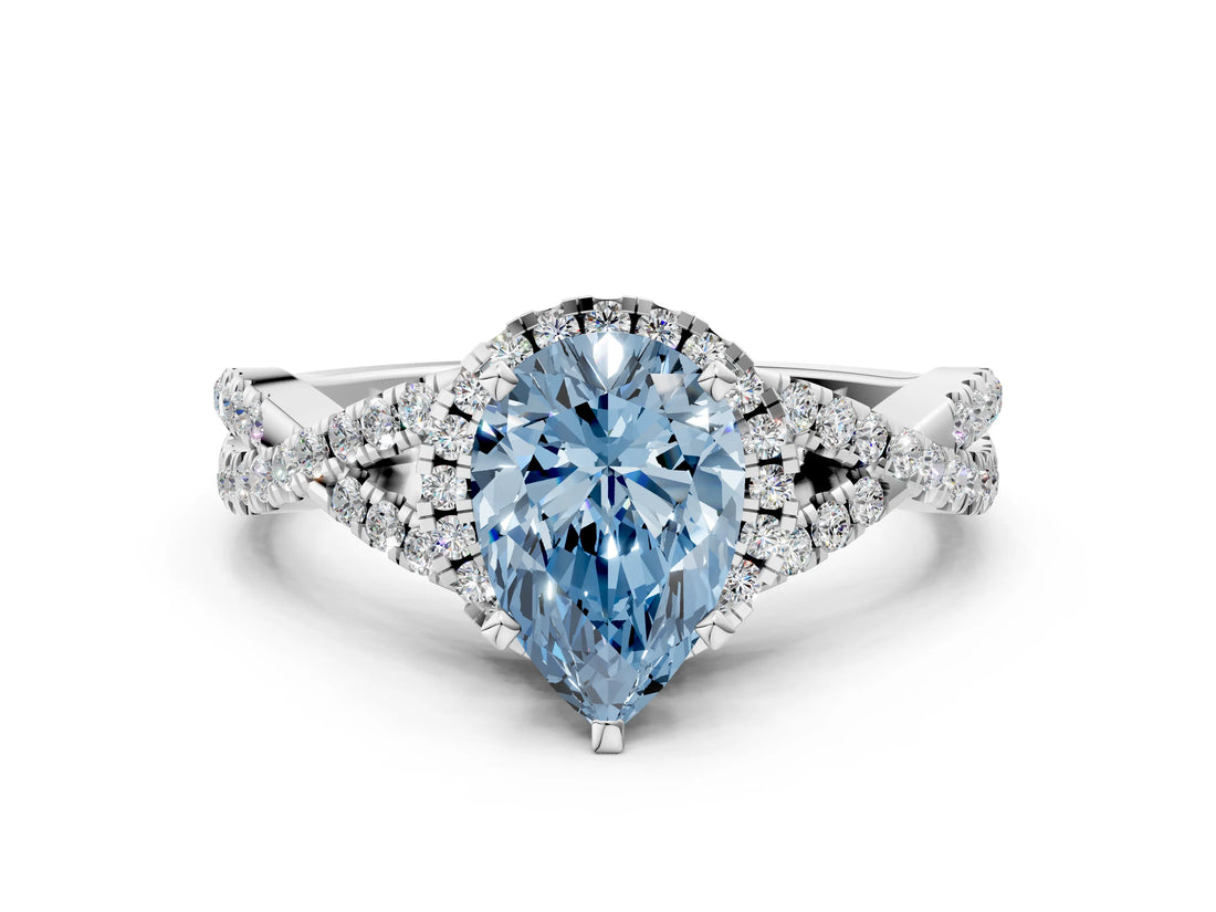Platinum Fancy Blue Pear Cut Diamond  Halo Twist Band Solitaire Prong Setting Ring_12