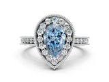 Platinum Fancy Blue Pear Cut Diamond Milgrain Halo Engagement Ring with Round Pavé Band and Prong Setting_12