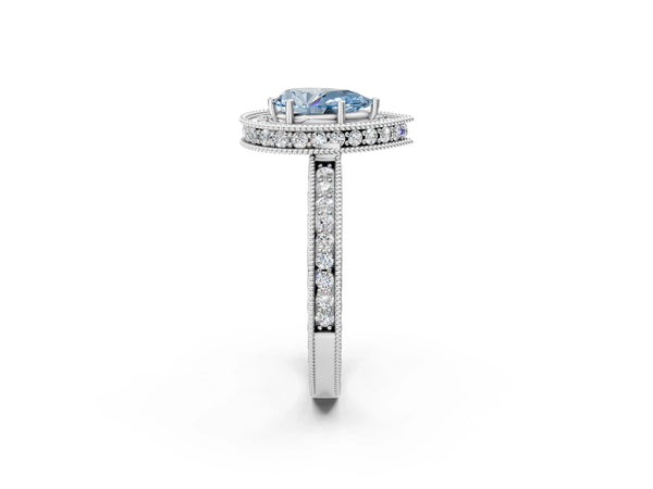 Platinum Pear-Shaped Milgrain Hidden Halo Engagement Ring Setting for Fancy Blue Center