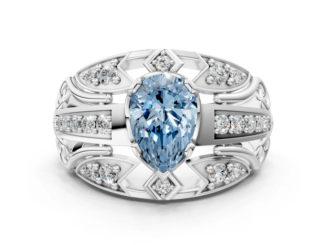 Platinum Fancy Blue Pear Cut Diamond Pave Art Deco Split Shank Ring with Four-Prong Setting_6