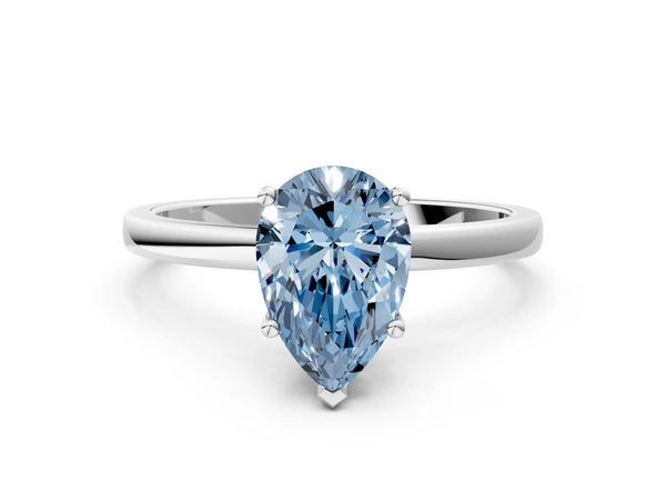 Platinum Fancy Blue Pear Cut Diamond Solitaire Ring with Classic Band and Four-Prong Setting