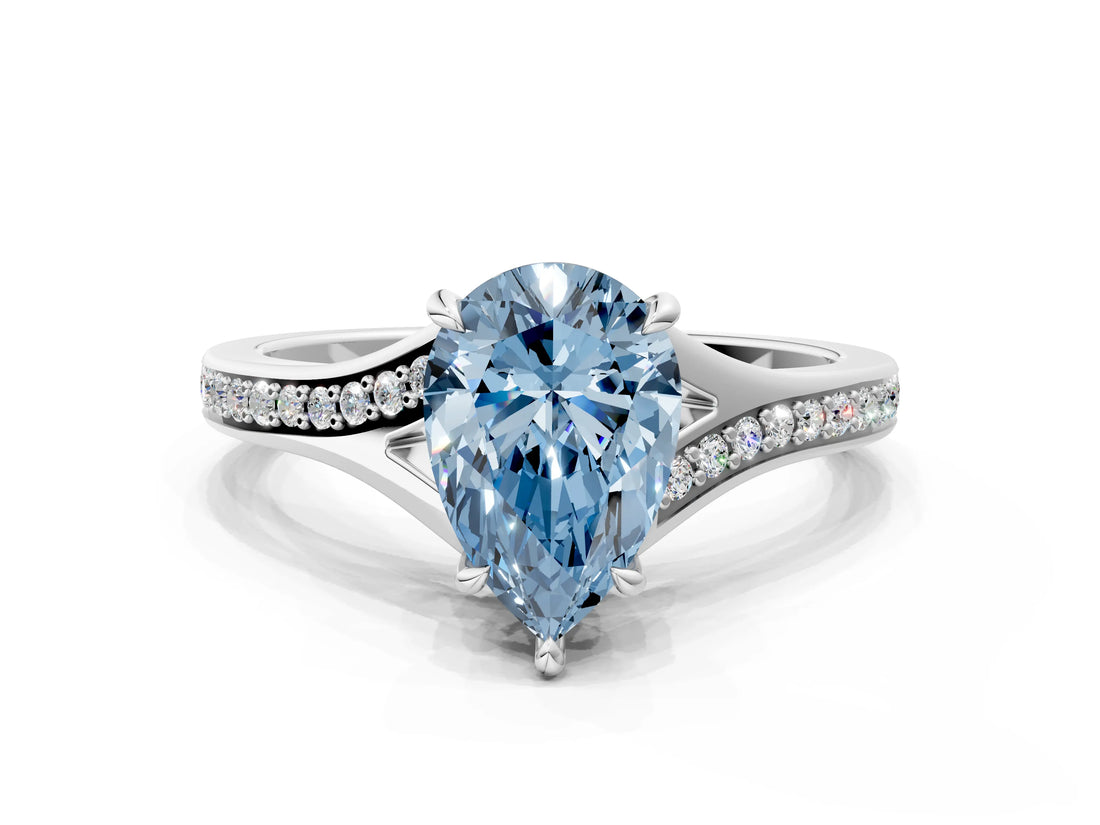 Platinum Fancy Blue Pear Cut Diamond Solitaire Ring with Pavé Band and Prong Setting_12