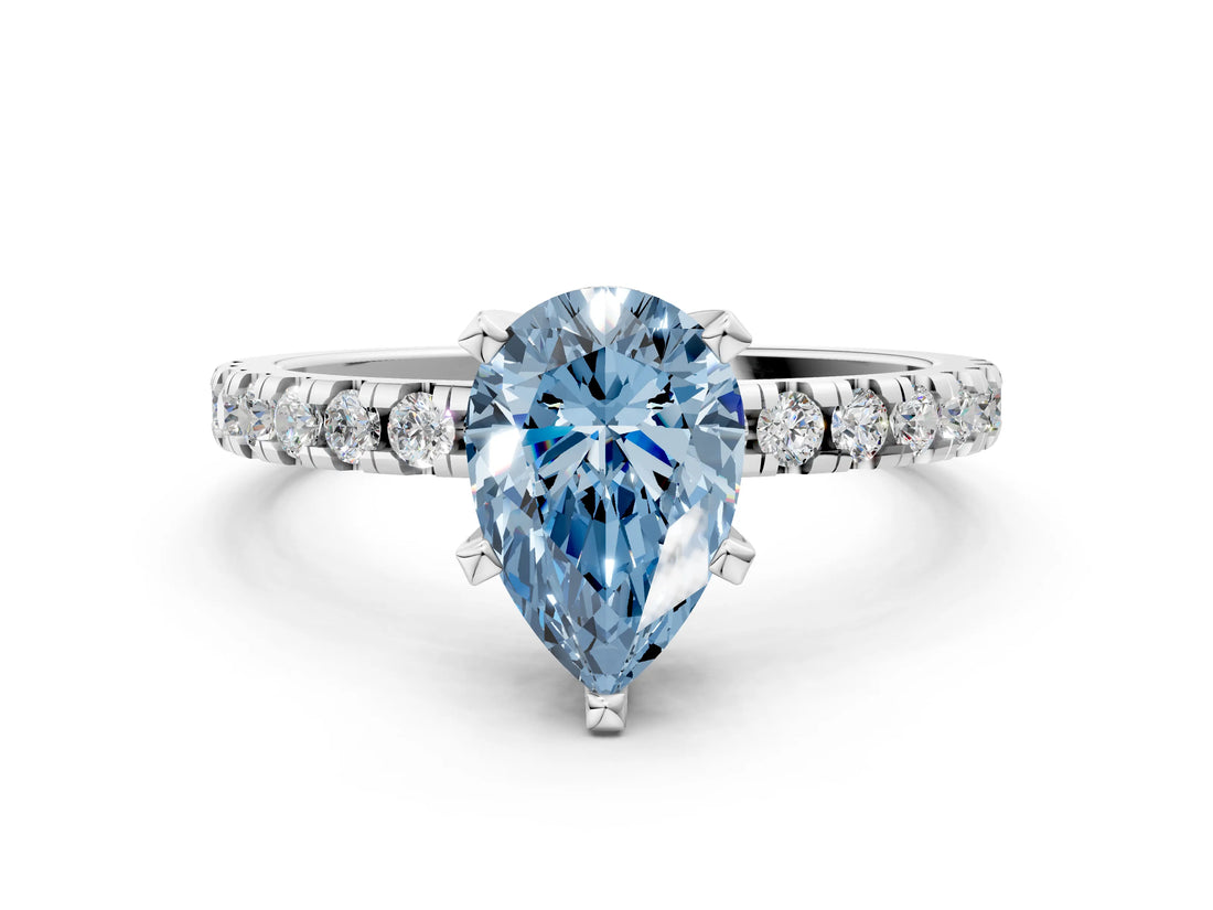 Platinum Fancy Blue Pear Cut Diamond Solitaire Ring with Round  Pavé Band and Four-Prong Setting_48