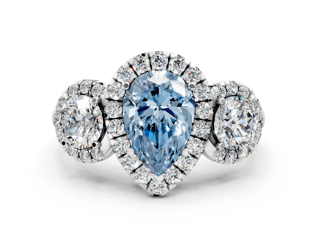 Platinum Fancy Blue Pear Cut Diamond Three-Stone Halo Ring with Prong Setting and Pavé Accents_12