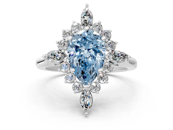 Platinum Fancy Blue Pear Cut Halo Diamond Cluster Ring with Marquise and Round Stones on a White Gold Band with Prong Setting
