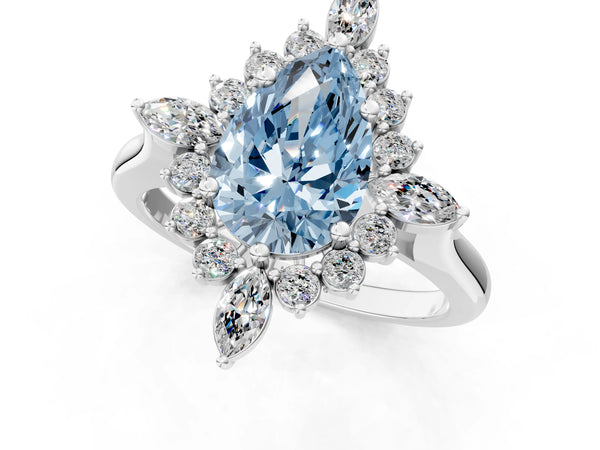 Platinum Fancy Blue Pear Cut Halo Diamond Cluster Ring with Marquise and Round Stones on a White Gold Band with Prong Setting