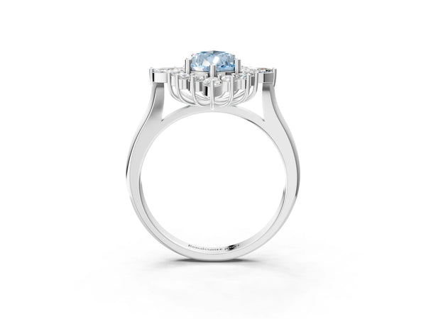 Platinum Fancy Blue Pear Cut Halo Diamond Cluster Ring with Marquise and Round Stones on a White Gold Band with Prong Setting
