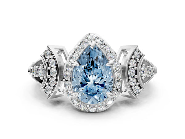 Platinum Fancy Blue Pear Cut Halo Diamond Split Shank Engagement Ring with Four-Prong Setting