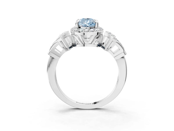 Platinum Fancy Blue Pear Cut Halo Diamond Split Shank Engagement Ring with Four-Prong Setting
