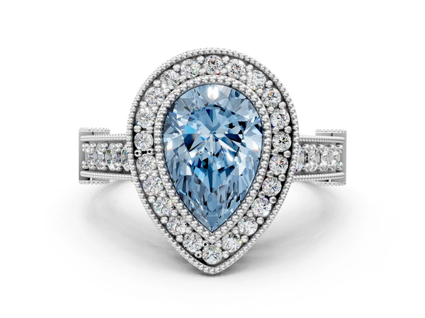 Platinum Fancy Blue Pear Cut Halo Diamond Split Shank Pave Ring