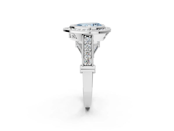Platinum Fancy Blue Pear Cut Halo Diamond Split Shank Pave Ring