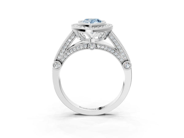 Platinum Fancy Blue Pear Cut Halo Diamond Split Shank Pave Ring
