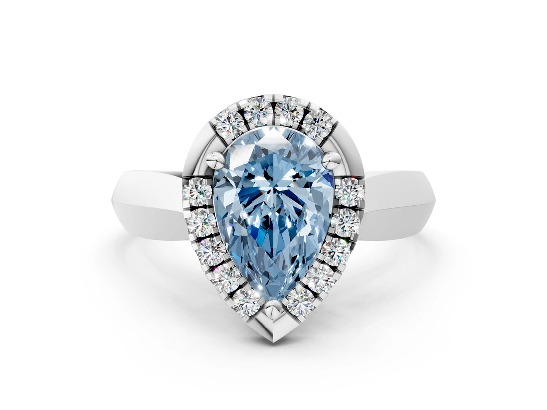 Platinum Fancy Blue Pear  Cut Halo Solitaire Engagement Ring with Square Band and Four-Prong Setting_12