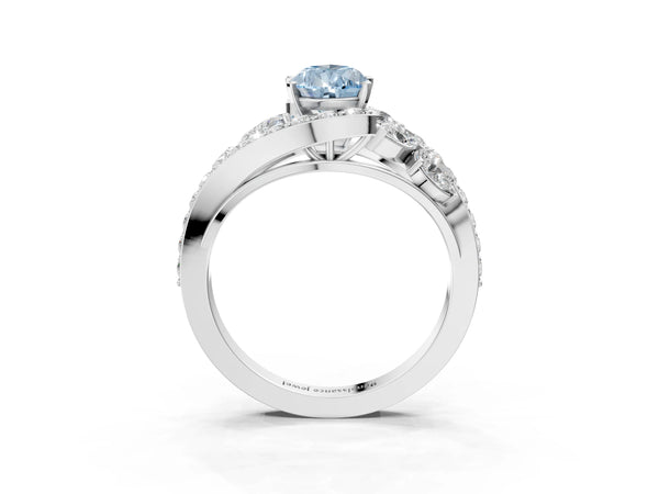 Platinum Fancy Blue Pear  Diamond Halo Ring with Marquise and Pavé Band in Prong Setting