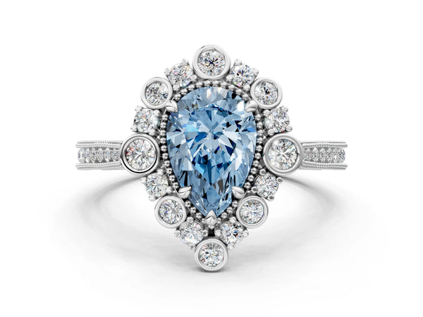 Platinum Pear-Shaped Scalloped Milgrain Halo Engagement Ring Setting for Fancy Blue Center