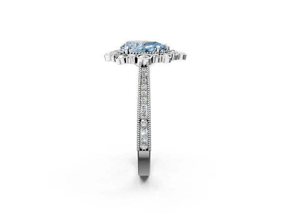 Platinum Pear-Shaped Scalloped Milgrain Halo Engagement Ring Setting for Fancy Blue Center