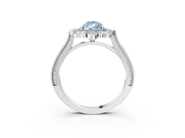Platinum Pear-Shaped Scalloped Milgrain Halo Engagement Ring Setting for Fancy Blue Center