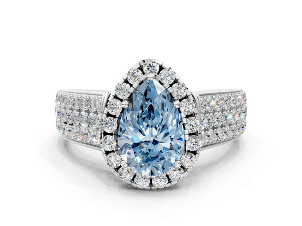Platinum Fancy Blue Pear  Halo Round Diamond Pave Band with Prong Setting