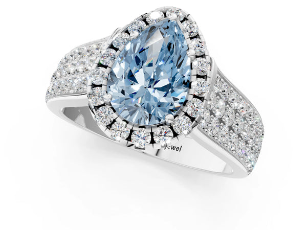 Platinum Fancy Blue Pear  Halo Round Diamond Pave Band with Prong Setting