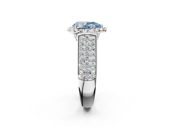 Platinum Fancy Blue Pear  Halo Round Diamond Pave Band with Prong Setting