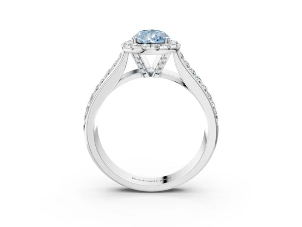 Platinum Fancy Blue Pear  Halo Round Diamond Pave Band with Prong Setting