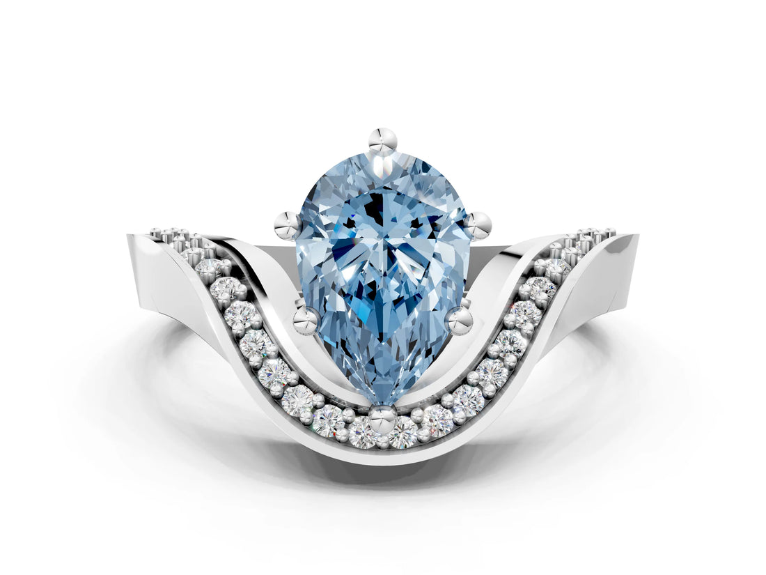 Platinum Fancy Blue Pear  Solitaire Diamond Engagement Ring with Pave Band and Four-Prong Setting