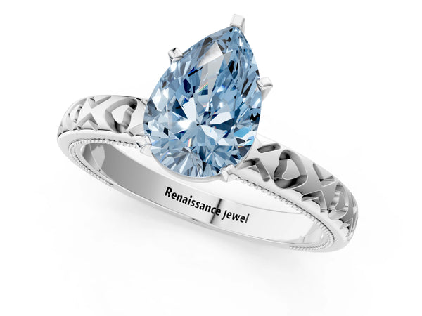 Platinum Fancy Blue Pear  Solitaire Diamond Engagement Ring with XO Engraved Band and Four-Prong Setting