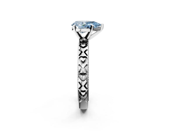 Platinum Fancy Blue Pear  Solitaire Diamond Engagement Ring with XO Engraved Band and Four-Prong Setting