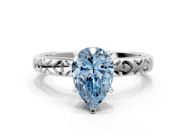 Platinum Fancy Blue Pear  Solitaire Diamond Engagement Ring with XO Engraved Band and Four-Prong Setting