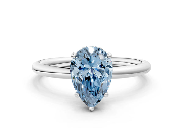 Platinum Fancy Blue Pear  Solitaire Diamond Ring with a Classic Band and Four-Prong Setting