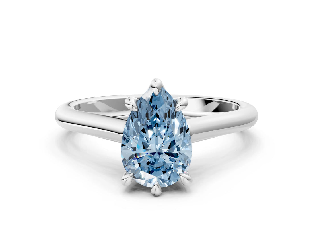 Platinum Fancy Blue Pear  Solitaire Engagement Ring with Six-Prong Setting and Classic Band